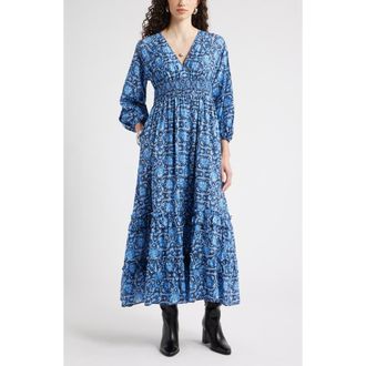 Chelsea28 Tiered Ruffle Long Sleeve Maxi Dress in Navy- Blue Rosalia Medallion at Nordstrom Rack, Size Xx-Small