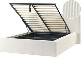 Beliani Slatted Bed Frame Light Beige Corduroy Fabric Upholstered Plastic Legs Ottoman Storage 4ft6 EU Double Size Modern Design LILLEBONNE