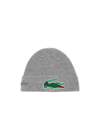 Lacoste Unisex Ribbed Wool Knit Crocodile Beanie In Gray