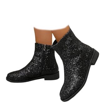 Generic Round Toe Low Chunky Heels Glitter Booties - Sparkle Ankle Boots for Women, Side Zipper Shiny Evening Boots with Chunky Block Heel (Black,6.5)