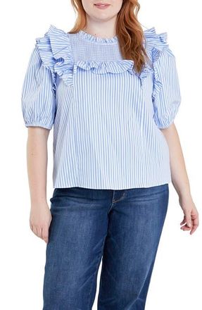 English Factory Smocked Ruffle Top in White/powder Blue at Nordstrom, Size 2 X