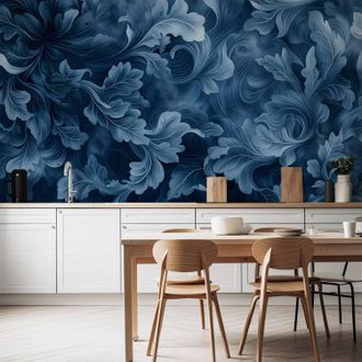 OEM Carta Da Parati Fotografica - Ornamenti Astratti Blu Scuro, Foglie Vittoriane / Ornamenti Astratti Blu Scuro Densi