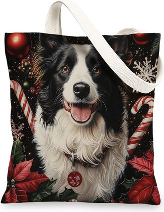 Generic Christmas Border Collie Dog Canvas Tote Bag for Shopping 13x15, Xmas Candy Poinsettia Puppy Reusable Grocery Print Bag for Women Men, Holiday Pet Aest