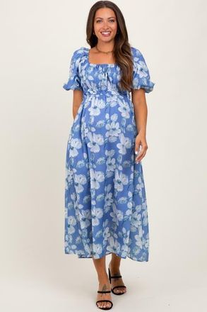 Pinkblush Multi Printed Floral Square Neck Midi Dress in Blue at Nordstrom, Size Small
