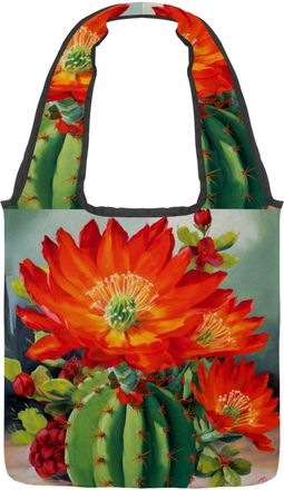 Generic Red Cactus Flowers Reversible Canvas Shoulder Tote - Double-Sided Print, 12oz Cotton, 27cm Drop, Fold-Flat Bag for Travel, Shopping, Street Outings