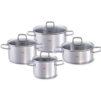 FISSLER Viseo Set di pentole in acciaio inox, 4 pezzi, con coperchio in vetro, per cottura a induzione e tutti i tipi di fornelli, 3 pentole, 1