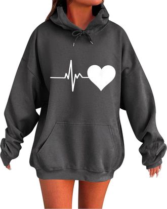 Generic Hoodies For Women Uk Heart Print Womens Sweatshirt Hood Drawstring Winter Warm Solid Colour Pullover Sweatshirt With Pockets Fleece Lined Oversized Ho