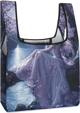 Generic Fairy Beauty Moon Cherries Flowers Reusable Shopping Bags Lightweight Foldable Grocery Bag Polyester Washable Tote Bag