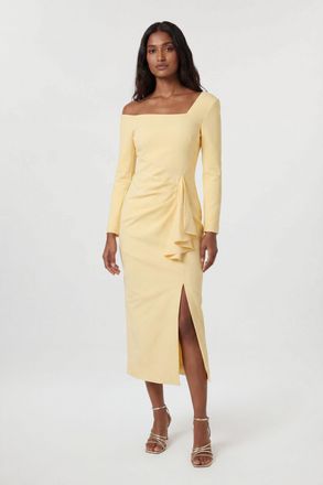 Karen Millen Womens Compact Stretch Asymmetric Neckline Draped Midi Dress - Yellow - Size 18 UK