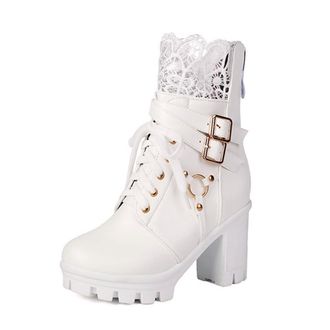 Generic Womens Lace Up Gothic Combat Ankle Boots Platform Round Toe Block Heels Pumps Shoes with Back Zipper and Buckle Strap (White,5.5)