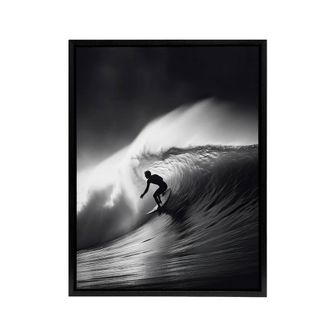 Artery8 Surfer Riding A Big Wave Photograph Framed Canvas Wall Art Print in Black | Size: W24 x H32