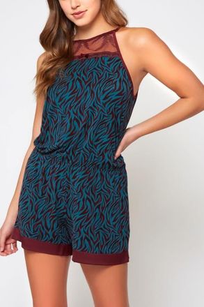 iCollection Zebra Print Halter Neck Romper in Teal-Burgundy at Nordstrom, Size Medium