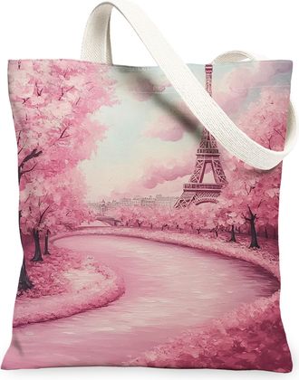 Generic Floral Canvas Tote Bags, Elegant Peach Tree Pattern Reusable Grocery Bags, Spring Lightweight Washable Shoulder Strap Canvas for Travel Beach Picnic 1