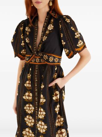 Farm Rio embroidered flowers midi dress - women - Organic Cotton - L - Black