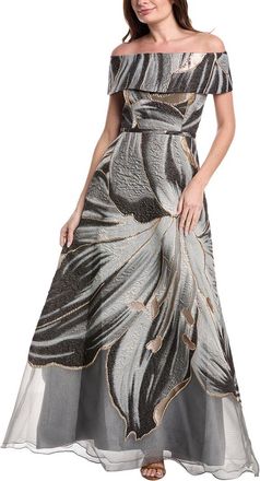 Teri Jon by Rickie Freeman Metallic Jacquard Off Shoulder A-Line Floral Gown