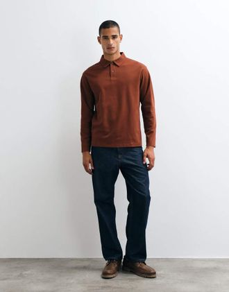 Selected Polo a maniche lunghe in tessuto piqu&eacute; selezionato color ruggine-Rosso