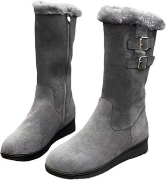 Generic Womens Soft Warm Fur Lining Casual Long Boots, Non Slip Mid Calf Snow Boots with Side Zipper, Solid Color Plush Lined Winter Booties (Gray,7.5)