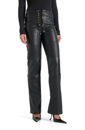 Mani&egrave;re De Voir Seren Croc Embossed Lace Up Trousers in Black at Nordstrom, Size 12