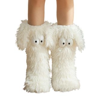 Generic Muffle Friends Cozy Socks, Womens Winter Warm Fuzzy Non-Slip Slipper Socks with Cute Big Eyes, Winter Home Socks (White)