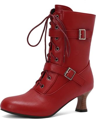 Generic Womens Round Toe PU Leather Short Boots with Side Zipper Kitten Heel Booties with Buckle Lace Up Retro Dress Shoes,Red,10.5 UK