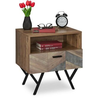 Relaxdays Relaxdays - Night Stand, Side Table, Drawer, Industrial, h x w x d: approx. 53 x 50 x 42 cm, Metal, mdf, Brown