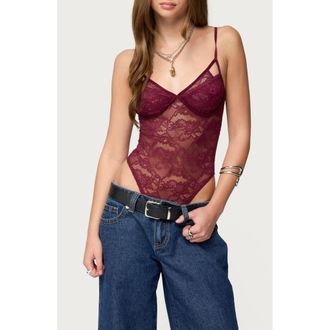 Edikted Cutout Lace Bodysuit in Wine at Nordstrom, Size X-Small