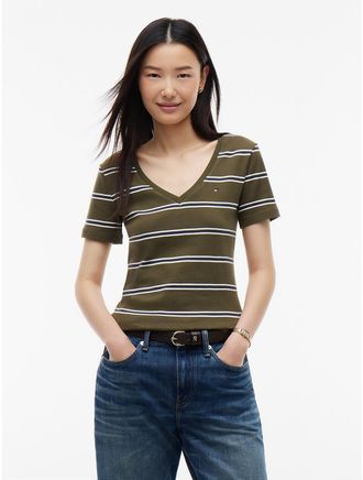 Tommy Hilfiger Womens Striped V-Neck Favorite T-Shirt - Platinum Olive - XL