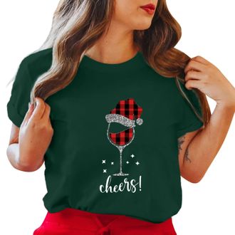 Generic Christmas Shirts Womens Retro Xmas Outfits Womens Merry Christmas Printed Short Sleeve O Neck T Shirt Top Sports Clothing Indoor Outdoor (Green, XL)