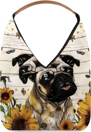 Generic Sunflower Pug Dog Wooden Board Reusable Lightweight Grocery Bags - Foldable Into Compact Pouch, Washable & Sturdy, Multipurpose for Shopping and Trave