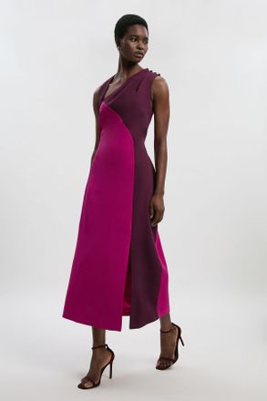 Karen Millen Womens Soft Tailored Colour Block Halter Neck Midi Dress - Fuchsia - Size 10 UK