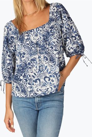 Dylan Emma Puff Sleeve Blouse In Indigo Toile