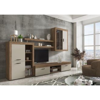 Dmora Pared Modular Casies: 11 Estantes, Puertas Batientes Y Abatibles, 293x50x193h Cm Roble Marr&oacute;n