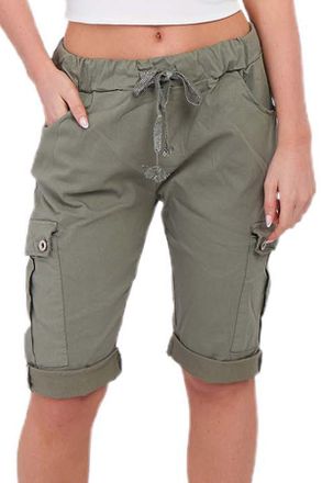 Generic Womens Italian Magic Cargo Shorts Ladies Summer Casual Drawstring Waist Knee-Length Roll-Up Combat Short Pants (Khaki, 16-22)