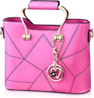 Nicole & Doris Fashion Women Small Handbag PU Leather Structured Shoulder Bag Satchel with Metal Crystal Tassel Dark Pink