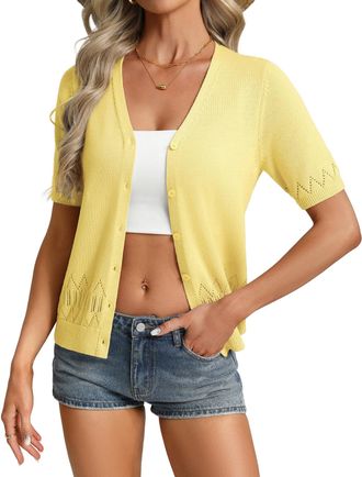 Grace Karin Womens Elegant V-Neck Lace Cardigan Summer Lightweight Short Sleeve Openwork Knit Tops Light Yellow S