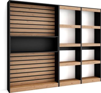 Skraut Home Librer&iacute;a Estanter&iacute;a, Estanteria Libros De Pared, 230x186x25cm, Sal&oacute;n - Comedor - Oficina, Con Almacenaje, Estilo Moderno, Roble Y Negro - Skraut Home