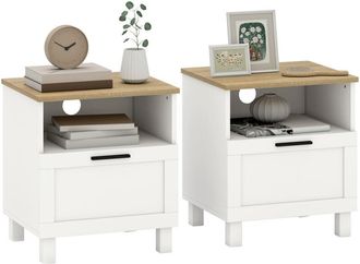 HOMCOM Homcom Juego De 2 Mesitas De Noche, Mesillas De Noche Con Caj&oacute;n, Compartimento Abierto, Patas De Madera, Mesa Auxiliar Para Sal&oacute;n, Dormitorio, Blanco