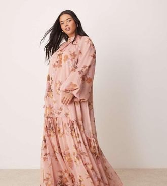 Asos Curve ASOS DESIGN Curve smock tie bow back maxi dress in pink blurred floral print-Multi
