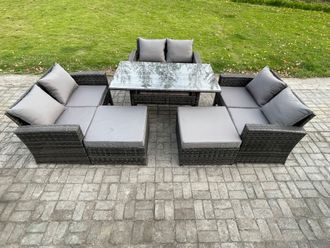 Fimous High Back Outdoor Garden Furniture Rattan Sofa Dining Table Set with 2 Big Footstool Dark Grey Mixed