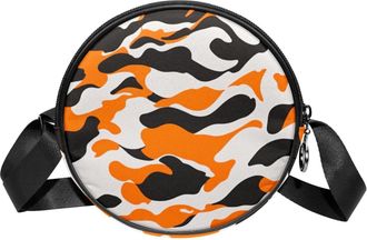 Generic Circle Crossbody Bag for Women, Orange Camouflage Small Sling Bag Daypack with Zipper Adjustable Shoulder Straps Casual Ladies Girls Round Purse