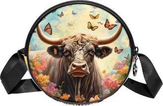 Generic Circle Crossbody Bag for Women, Cow Sunflower Small Sling Bag Daypack with Zipper Adjustable Shoulder Straps Casual Ladies Girls Round Purse