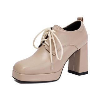 Generic Womens Square Toe Platform Dress Shoes Lace Up Vintage Oxford Shoes Block High Heel Office Shoe,Apricot,9.5 UK