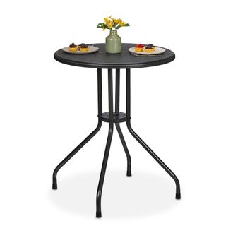 Relaxdays Relaxdays - Mesa Jard&iacute;n Efecto Rat&aacute;n, Redonda, 73 X 60 Cm, Mesita De Balc&oacute;n, Terraza O Exterior, Pl&aacute;stico Y Acero, Negro