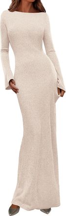 PrettyGarden Womens Fall Fashion 2025 Long Sleeve Maxi Dress Ribbed Knit Boat Neck Bodycon Casual Dresses Going Out Outfits, Beige, M