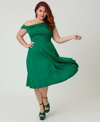 Unique Vintage Plus Size Asymmetrical Neck Swing Dress in Green Solid at Nordstrom, Size 2 X