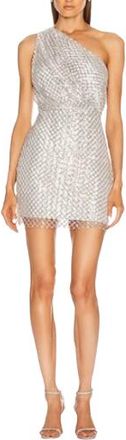 Michelle Mason Silver Sequin Mesh One-Shoulder Mini Dress Size XS