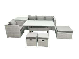 Fimous Rattan Garden Furniture Dining Set 7 Seater Lounge Sofa Chair Dining Table Set with 3 Footstools Side Table Light Grey Mixed
