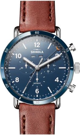 Shinola Canfield Chronograph Leather Strap Watch, 45mm in Brown/Blue/Silver at Nordstrom