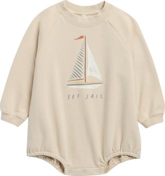 Rylee + Cru Set Sail Long Sleeve Cotton Fleece Bodysuit in Pebble at Nordstrom, Size 12-18M