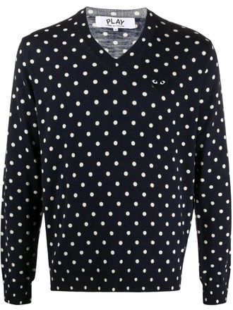 Comme Des Garçons polka-dot print V-neck sweater - Blue